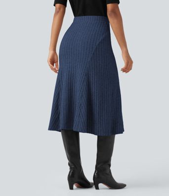 Ribbed Knit High-waisted Midi Casual A-line Skirt