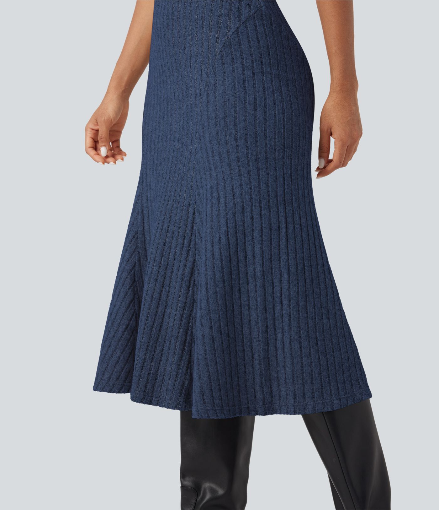 Ribbed Knit High-waisted Midi Casual A-line Skirt