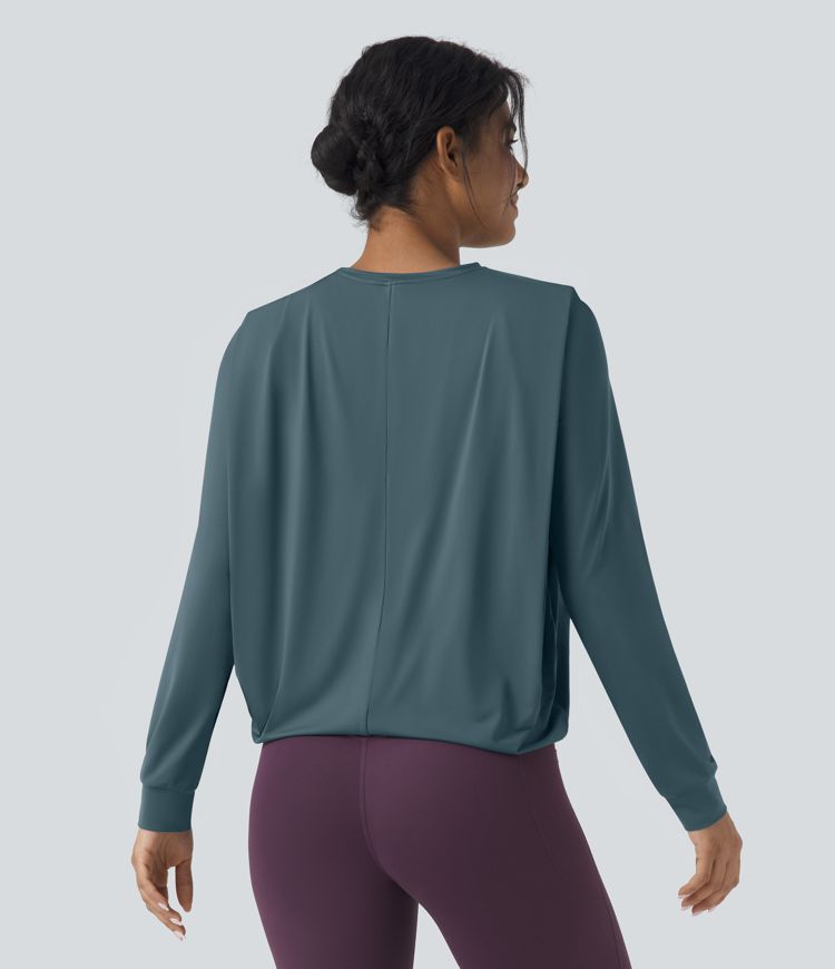Round Neck Long Sleeve Ruched Yoga Sports Top-UPF50+