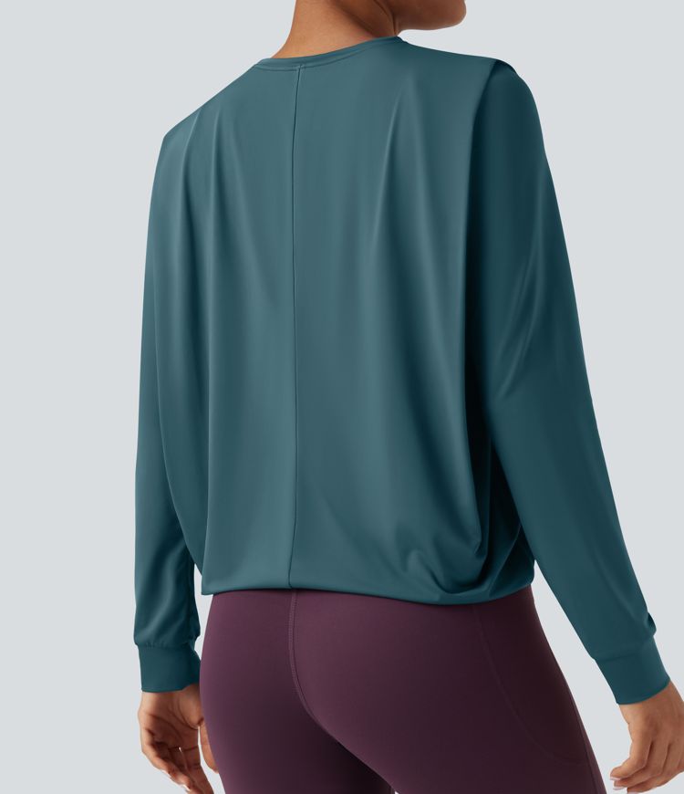 Round Neck Long Sleeve Ruched Yoga Sports Top-UPF50+
