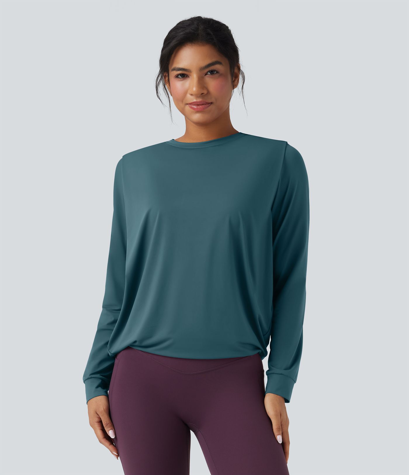 Round Neck Long Sleeve Ruched Yoga Sports Top-UPF50+