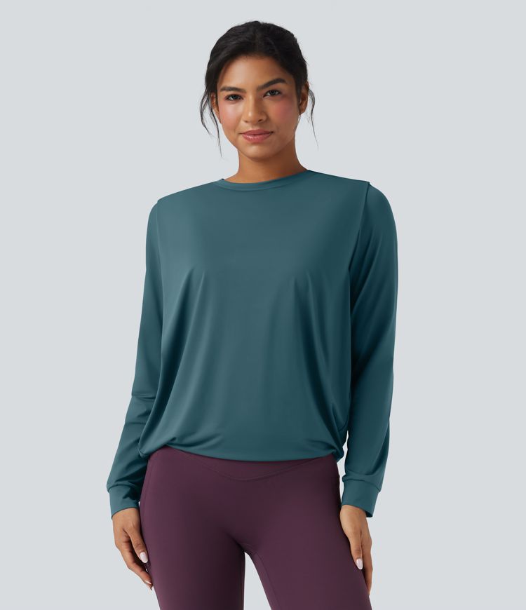 Round Neck Long Sleeve Ruched Yoga Sports Top-UPF50+