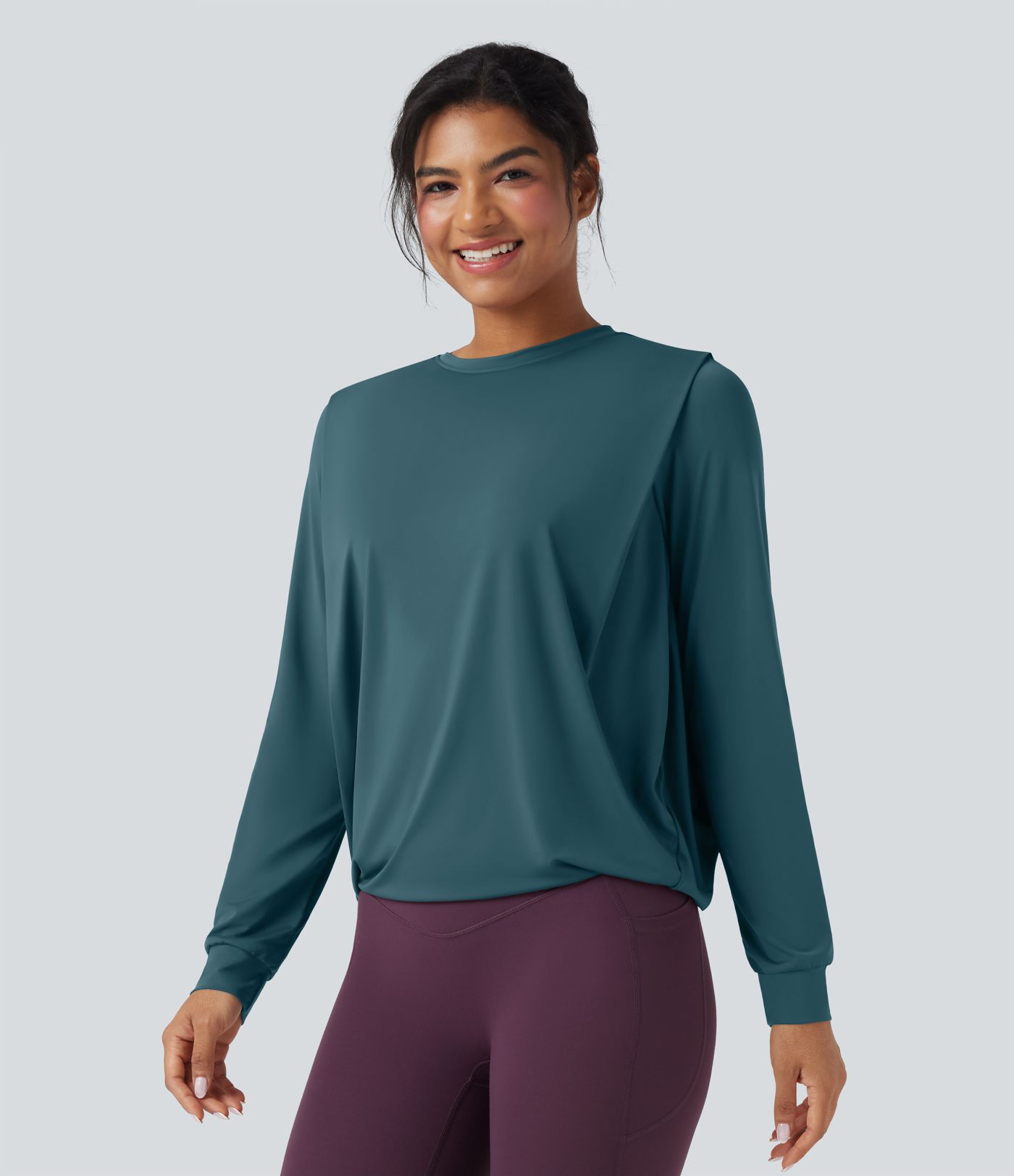 Round Neck Long Sleeve Ruched Yoga Sports Top-UPF50+