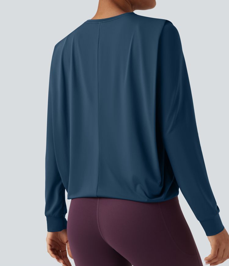 Round Neck Long Sleeve Ruched Yoga Sports Top-UPF50+