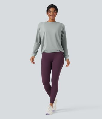 Round Neck Long Sleeve Ruched Yoga Sports Top-UPF50+