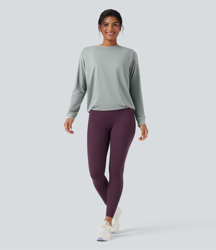 Round Neck Long Sleeve Ruched Yoga Sports Top-UPF50+