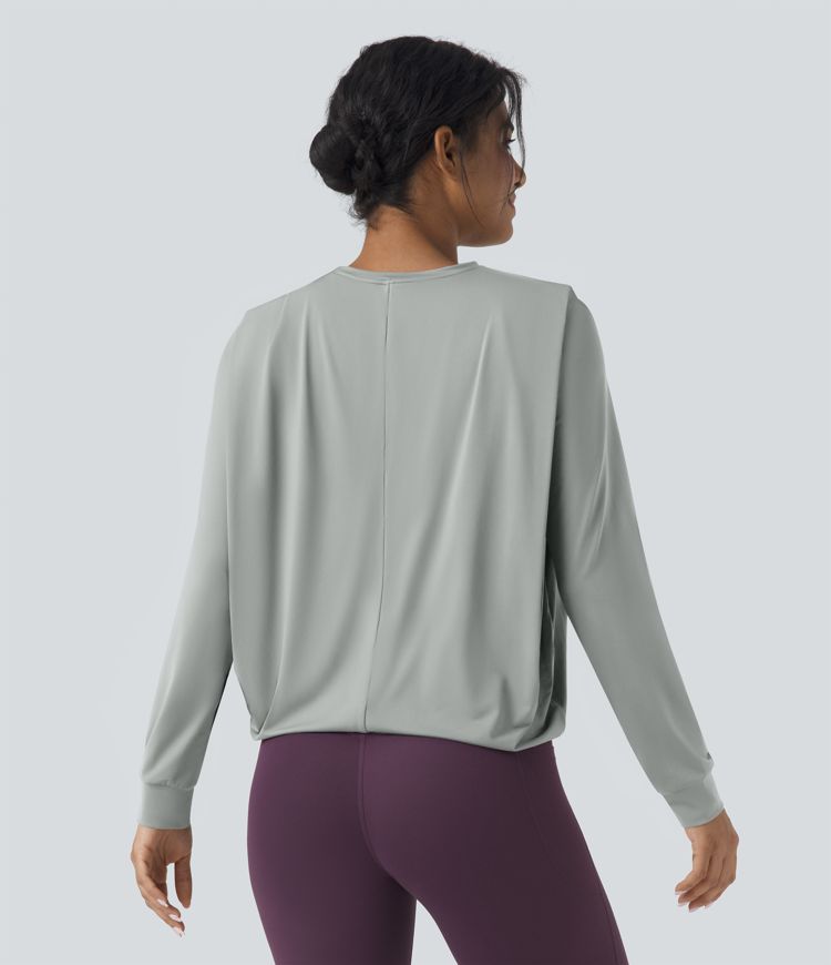 Round Neck Long Sleeve Ruched Yoga Sports Top-UPF50+