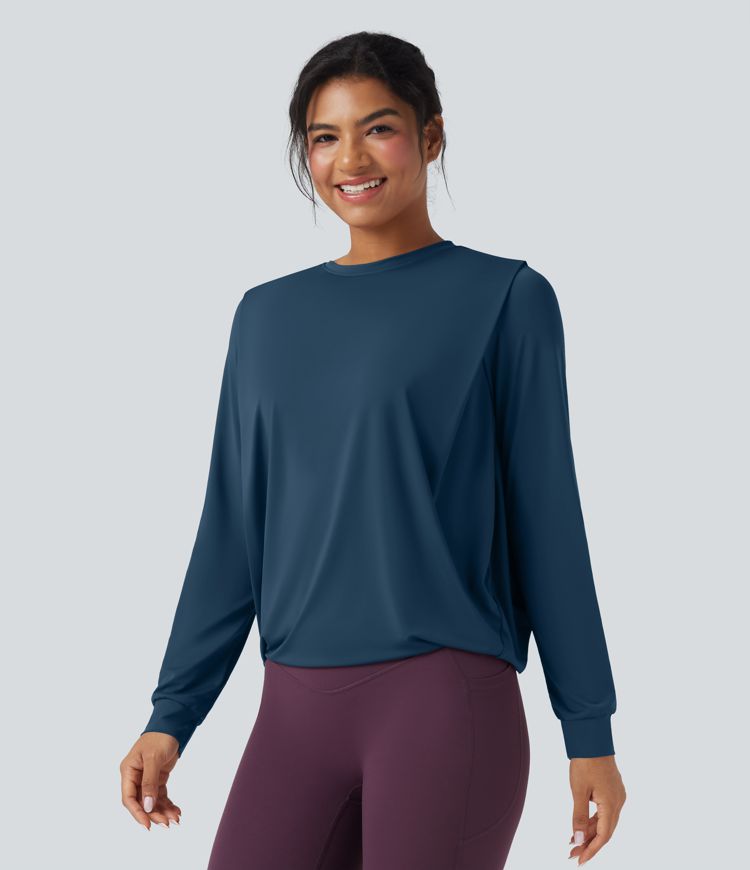 Round Neck Long Sleeve Ruched Yoga Sports Top-UPF50+