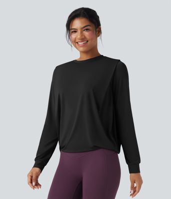 Round Neck Long Sleeve Ruched Yoga Sports Top-UPF50+