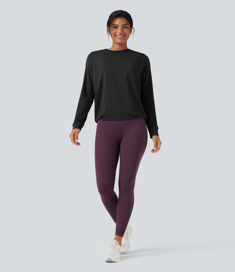 Round Neck Long Sleeve Ruched Yoga Sports Top-UPF50+
