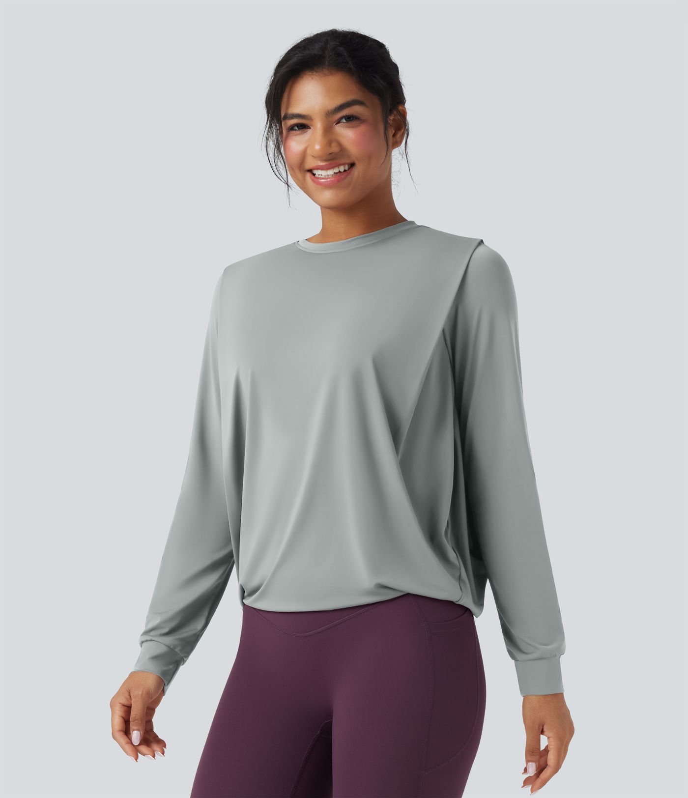 Round Neck Long Sleeve Ruched Yoga Sports Top-UPF50+