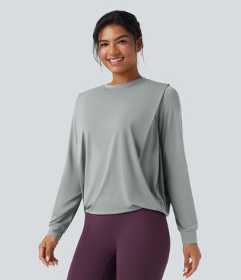 Round Neck Long Sleeve Ruched Yoga Sports Top-UPF50+