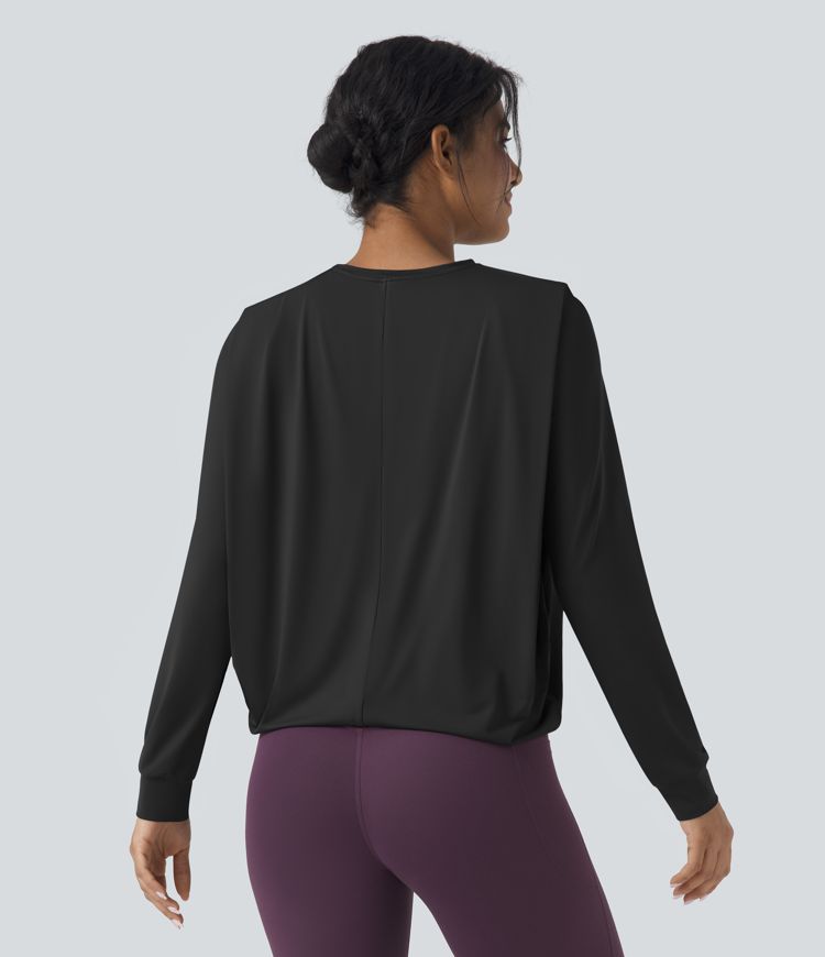 Round Neck Long Sleeve Ruched Yoga Sports Top-UPF50+