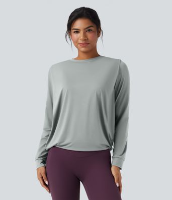 Round Neck Long Sleeve Ruched Yoga Sports Top-UPF50+