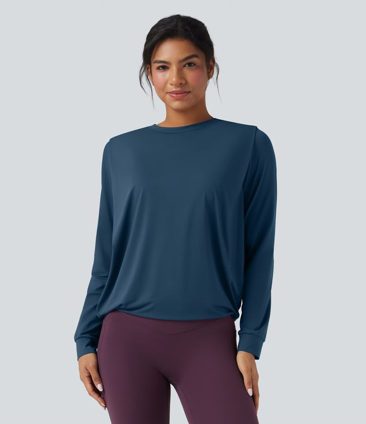 Round Neck Long Sleeve Ruched Yoga Sports Top-UPF50+