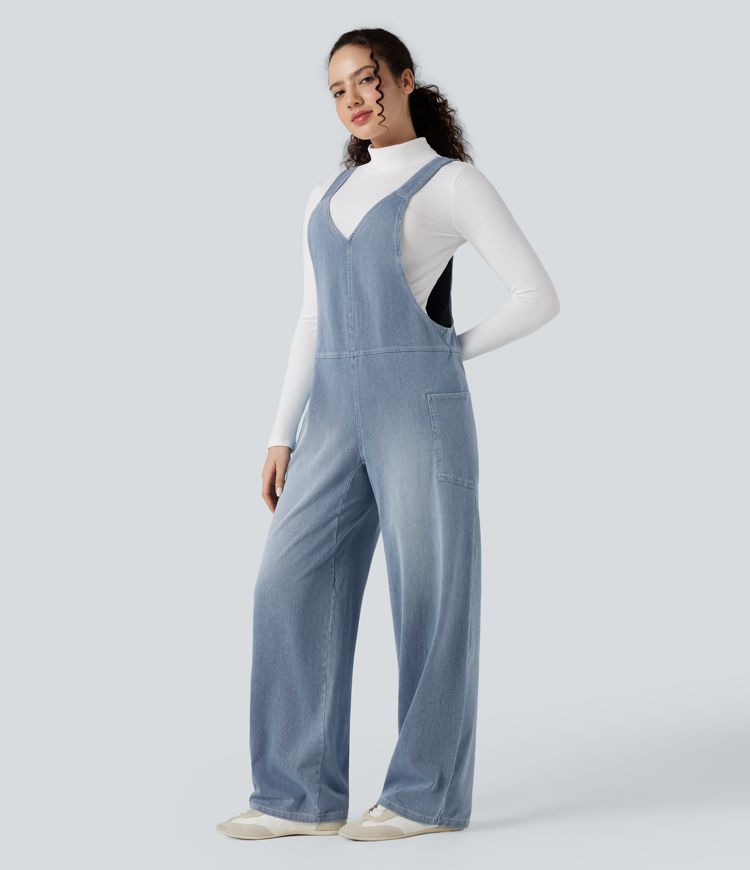 Halara Flex™ V Neck Pocket Washed Denim Casual Overalls