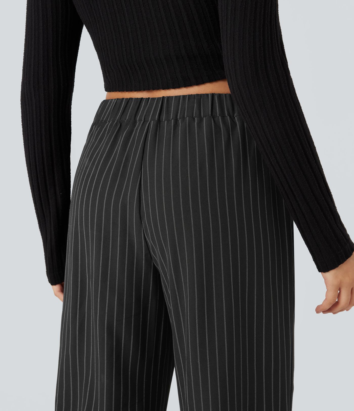 High Waisted Drawstring Wide Leg Stripe Casual Pants with Pockets