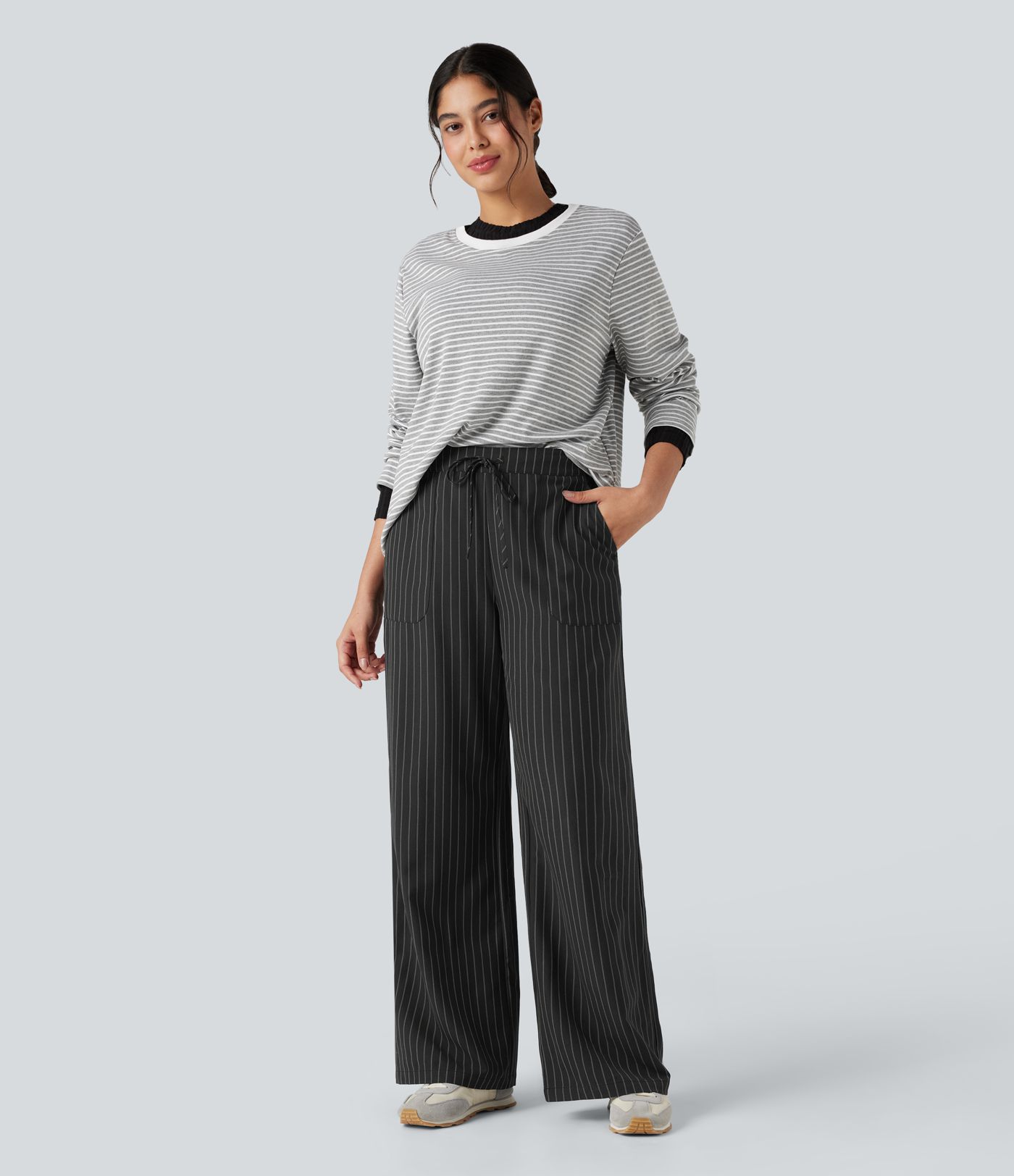 High Waisted Drawstring Wide Leg Stripe Casual Pants with Pockets