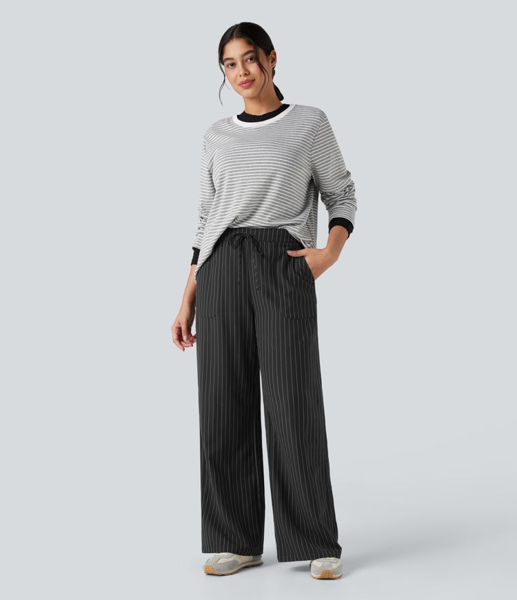High Waisted Drawstring Wide Leg Stripe Casual Pants with Pockets