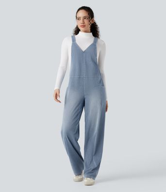 Halara Flex™ V Neck Pocket Washed Denim Casual Overalls