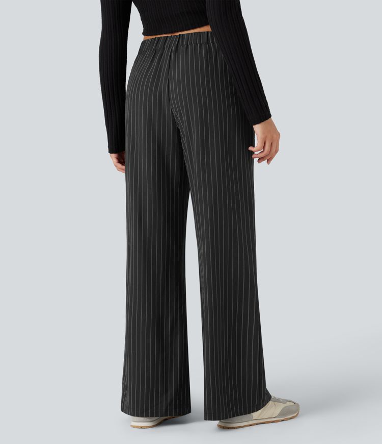 High Waisted Drawstring Wide Leg Stripe Casual Pants with Pockets