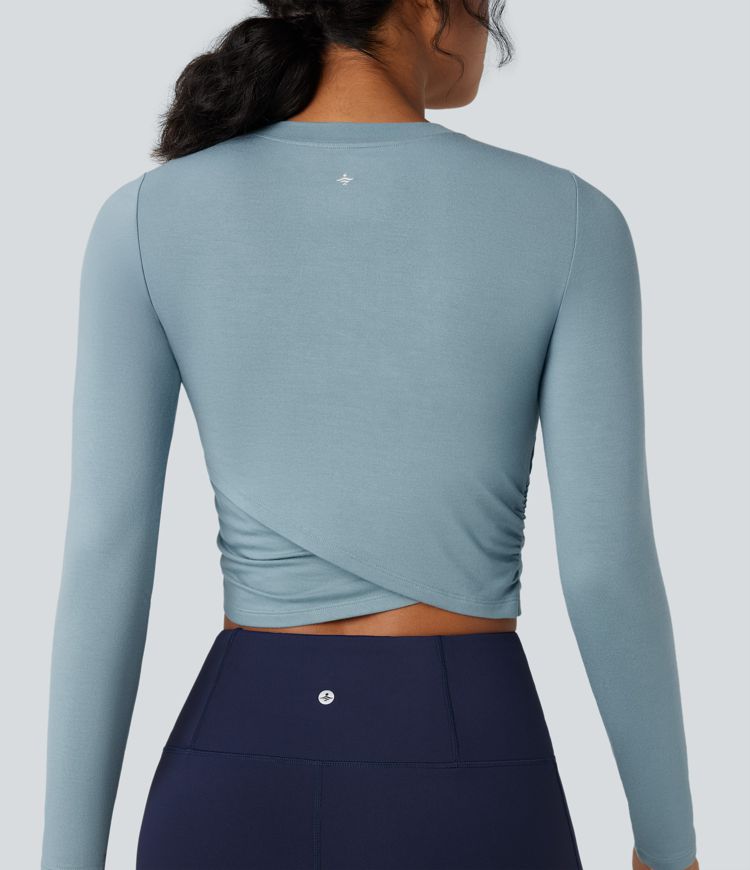 Round Neck Long Sleeve Crossover Hem Cropped Yoga Sports Top