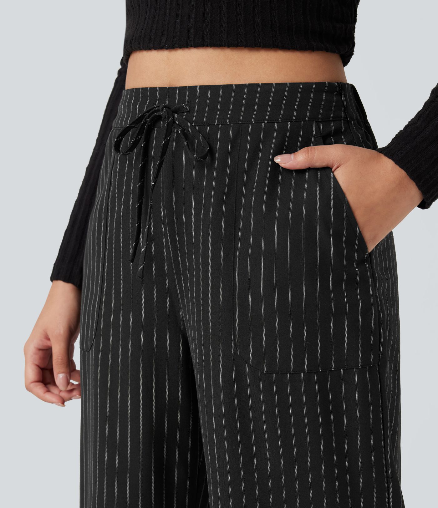 High Waisted Drawstring Wide Leg Stripe Casual Pants with Pockets
