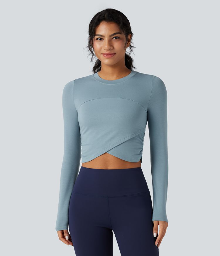 Round Neck Long Sleeve Crossover Hem Cropped Yoga Sports Top