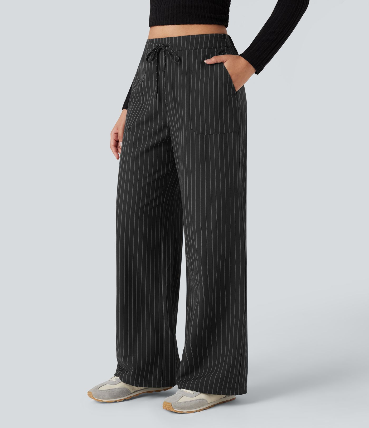 High Waisted Drawstring Wide Leg Stripe Casual Pants with Pockets