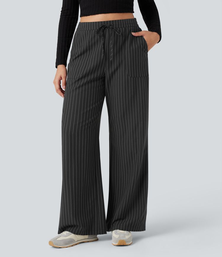 High Waisted Drawstring Wide Leg Stripe Casual Pants with Pockets