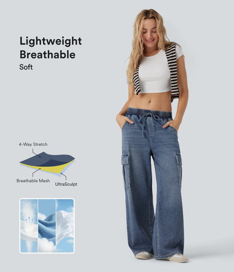 Halara Flex™ Mid Rise Drawstring Cargo Casual Baggy Sweatpants Jeans with Pockets