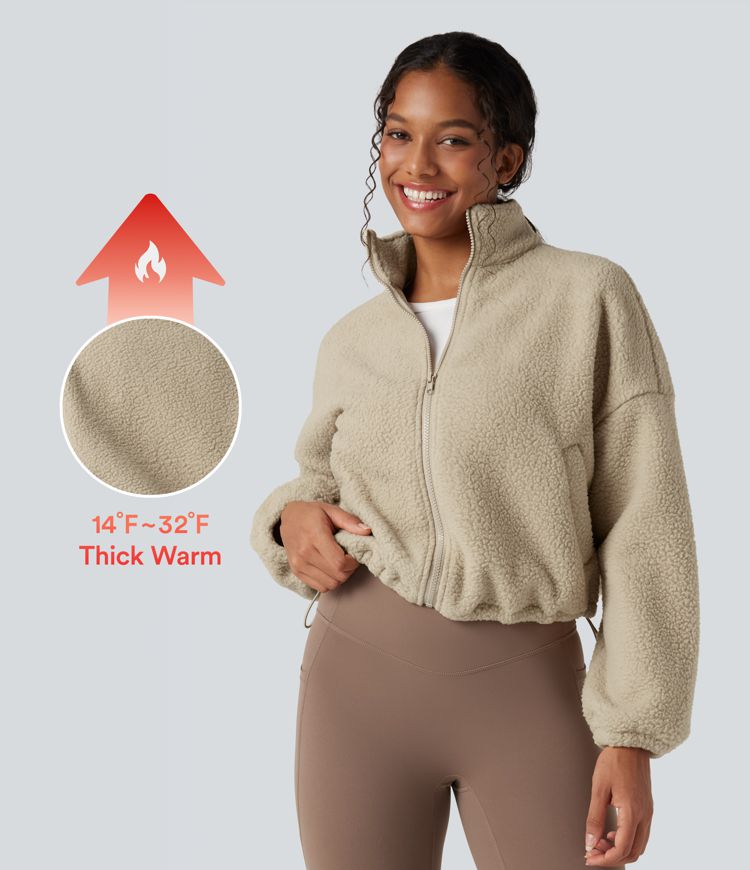 High Neck Long Sleeve Zipper Fleece Workout Jacket with Pockets