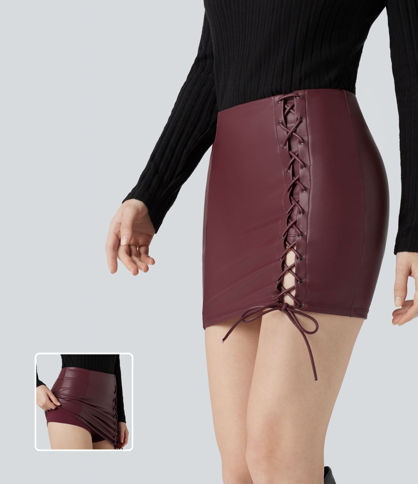 High Waisted Lace Up Bodycon 2-in-1 Fleece Mini PU Leather Skirt
