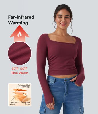 Halara HeatCore U-Neck Long Sleeve Thumb Holes Ruched Slim Casual Warming Top