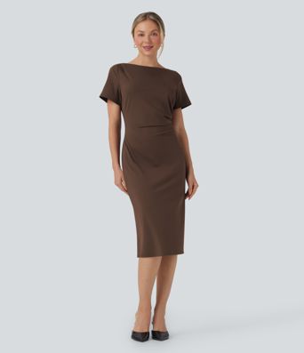 Short Sleeve Ruched Bodycon Women Long Midi Work Dress