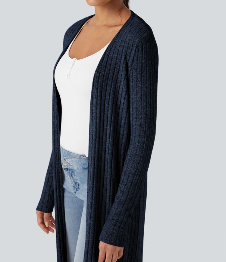 Manteau Long Casual à Côtes en Maille avec Fente et Manches Longues