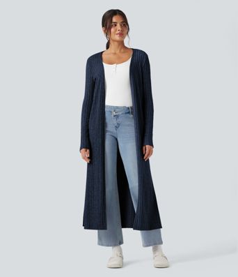 Manteau Long Casual à Côtes en Maille avec Fente et Manches Longues