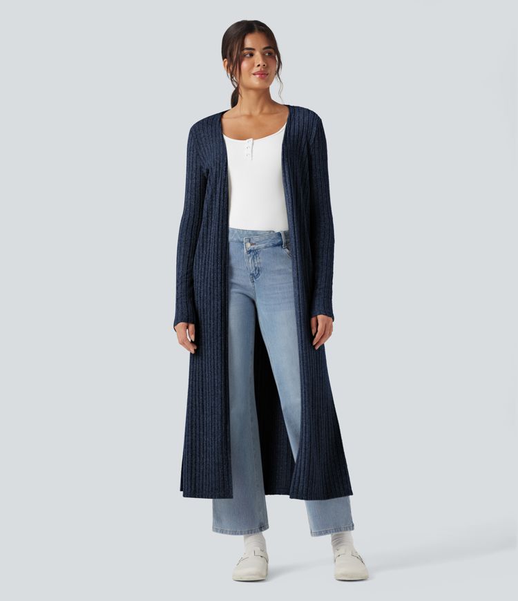 Manteau Long Casual à Côtes en Maille avec Fente et Manches Longues