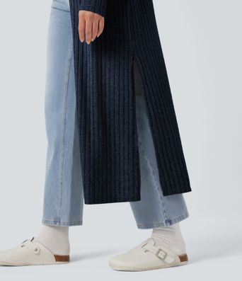 Manteau Long Casual à Côtes en Maille avec Fente et Manches Longues