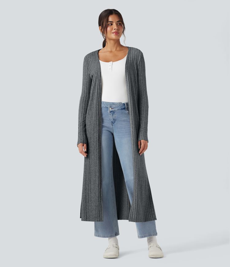 Ribbed Knit Long Sleeve Split Casual Longline Coat