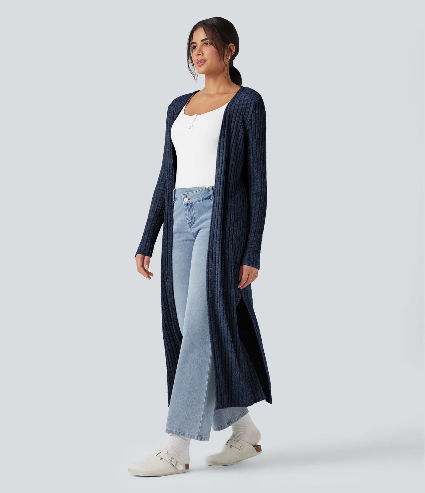 Manteau Long Casual à Côtes en Maille avec Fente et Manches Longues