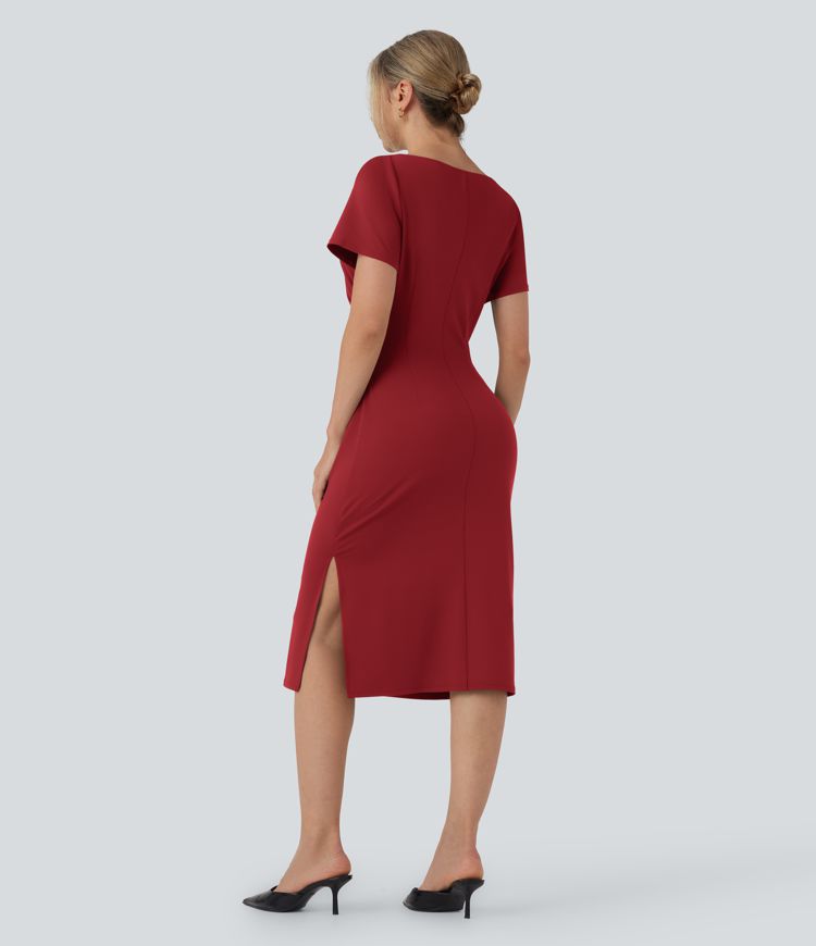 Short Sleeve Ruched Bodycon Midi Work Dress