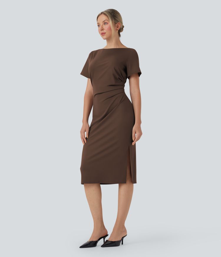 Short Sleeve Ruched Bodycon Midi Work Dress