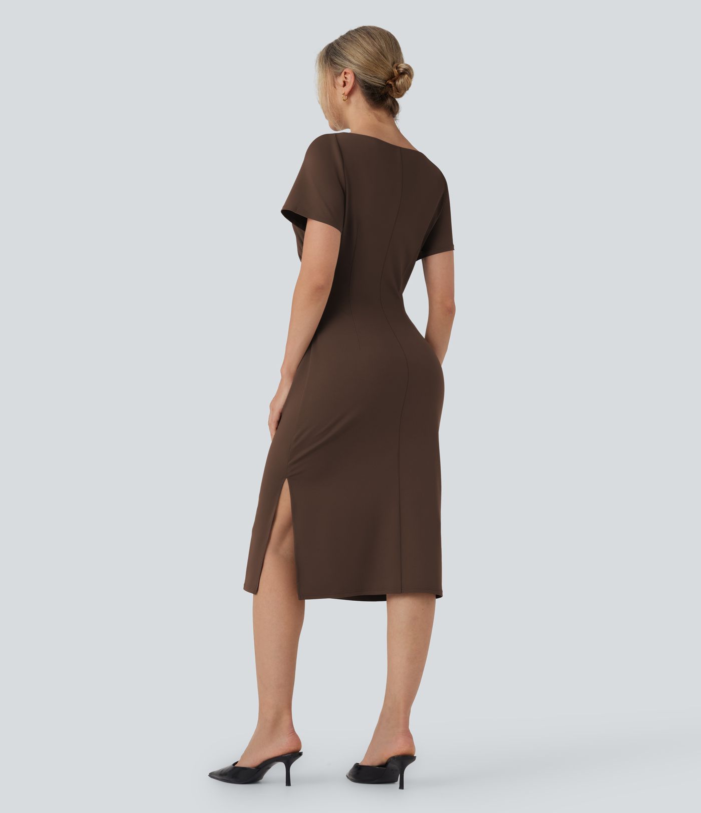Short Sleeve Ruched Bodycon Women Long Midi Work Dress