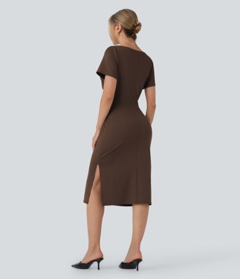 Short Sleeve Ruched Bodycon Women Long Midi Work Dress