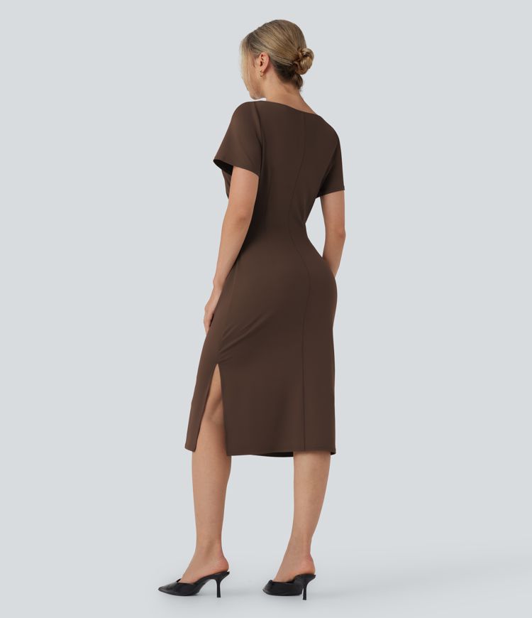 Short Sleeve Ruched Bodycon Women Long Midi Work Dress
