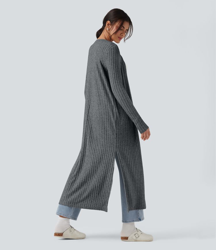 Ribbed Knit Long Sleeve Split Casual Longline Coat