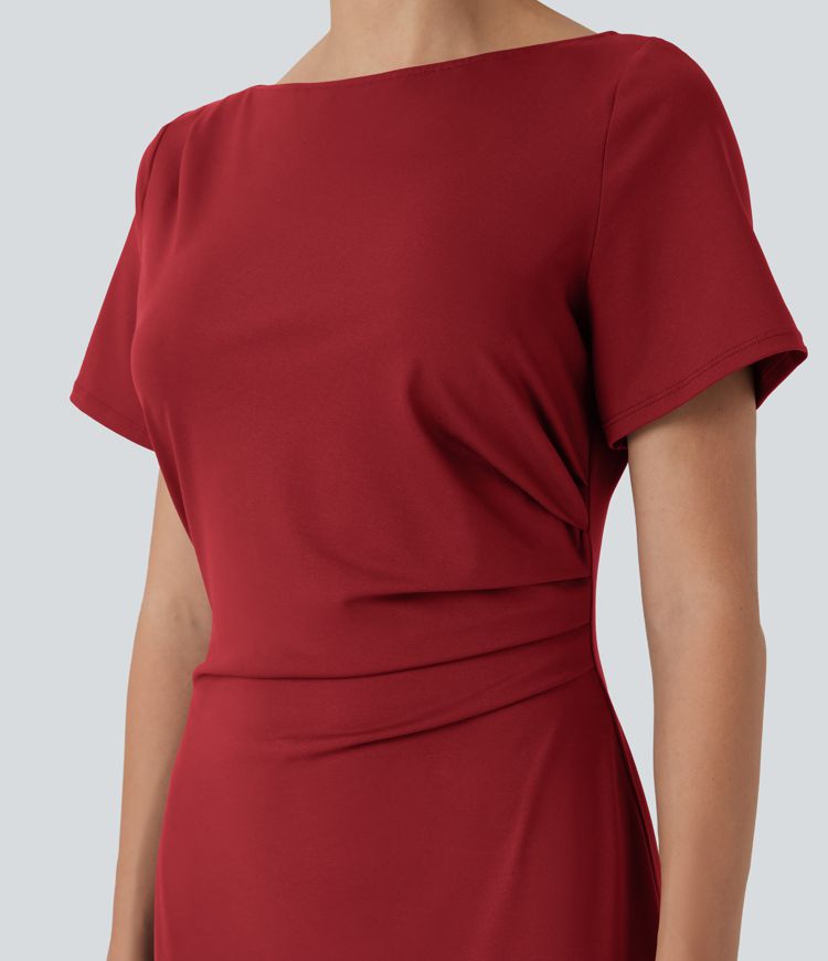 Short Sleeve Ruched Bodycon Midi Work Dress