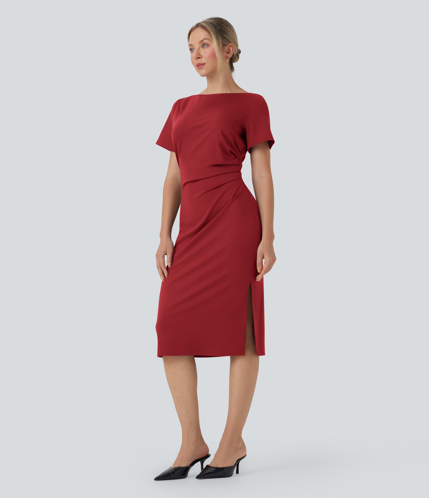 Short Sleeve Ruched Bodycon Women Long Midi Work Dress