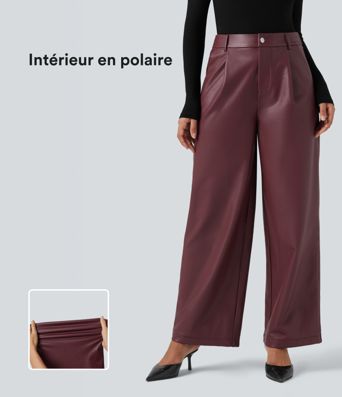 Wide-leg trousers in coated fleece fabric, high-waisted with pockets